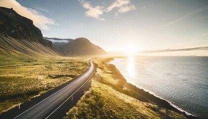 scenic road in iceland beautiful nature landscape aerial panorama mountains and coast at sunset