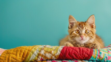 Fluffy ginger cat with wide eyes lying on colorful quilt against blue background