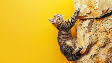 Tabby cat climbing rocky surface against bright yellow background - obrazy, fototapety, plakaty