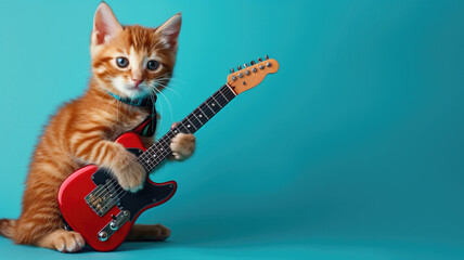 Adorable orange kitten with tiny guitar against blue background