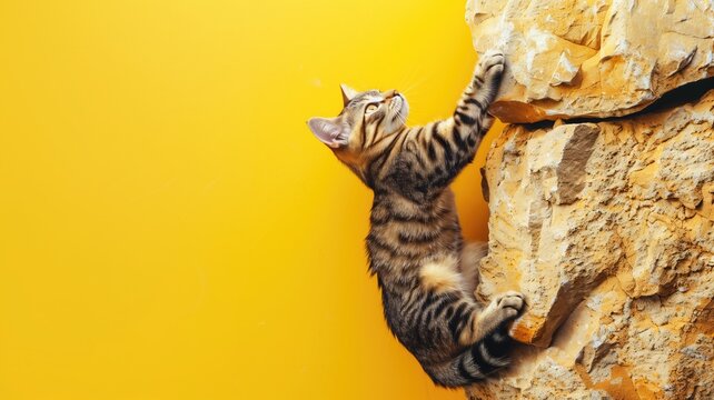 Tabby cat climbing rocky surface against bright yellow background