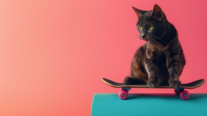 Black cat with striking eyes sits on skateboard against pink background