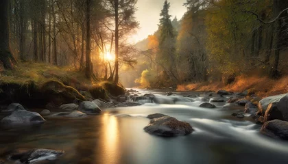 Afwasbaar Fotobehang Bosrivier river flowing through the forest calm moody nature background long exposure peaceful green environment 3d render 3d illustration