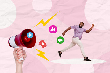Composite photo collage of happy american guy run bullhorn lightening notification subscribe like message isolated on painted background
