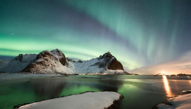 aurora borealis lofoten islands norway nothen light mountains and frozen ocean winter landscape at the night time norway travel image