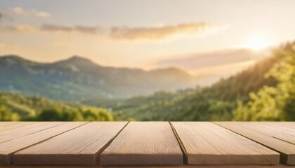 wooden bar empty blank tabletop focused with blurry nature greenery mountain view background for mock up and montage product display advertisement with generative ai