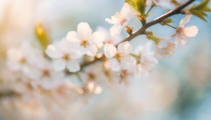 branches of blossoming cherry macro with soft focus on gentle light blue sky background in sunlight with copy space beautiful floral image of spring nature panoramic view