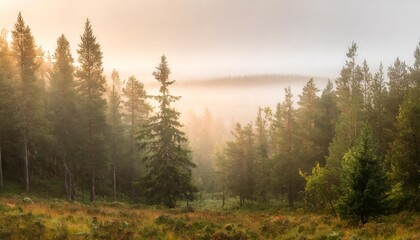 a long narrow panorama of a coniferous northern forest in the fog of an autumn day a landscape of wildlife - obrazy, fototapety, plakaty