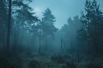 Fototapeta premium Mystical Forest Ambiance: a serene visual, conveying a sense of mystery. The silhouette of majestic pine trees against a misty sky and earthy ground, the perfect embodiment of nature.
