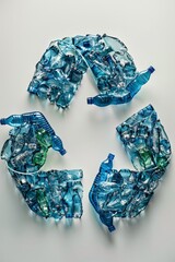 universal recycling symbol made of old plastic bottles on white background