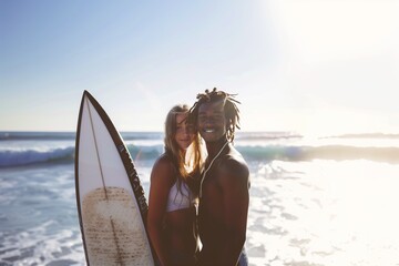 multiethnic couple posing with a surfboard - Powered by Adobe