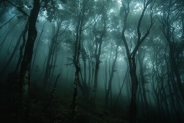 Obraz premium Mysterious Forest: A captivating forest scene shrouded in an atmospheric mist, where towering trees cast eerie shadows, inviting the viewer into a world of mystery and intrigue.