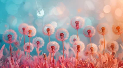 Fotobehang contemporary banner x ray stile, dandelions flowers  pattern on pastel background illustration Dandelion flowers and scattered seeds, Generative Ai  © shehzad