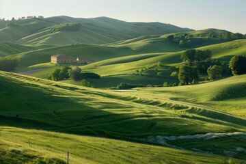 Naklejka premium Rolling Hills Panorama: An expansive vista unveils lush, rolling hills under a clear sky. The gentle slopes of grass create a sense of tranquility. 