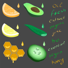 Vector set of natural cosmetics ingredients. Вrops of oil, extracts from orange, lemon, avocado, aloe, honey, cucumber.
