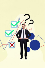 Sketch image trend artwork 3D photo collage of young confident office manager guy answer questions...