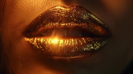 A close up of a woman's lips with gold paint on them, AI