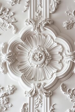 Decorative clay stucco with an ornament on a dark ceiling or wall in an abstract classic white interior	
