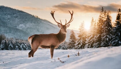 noble deer male in winter snow forest wild red deer in nature at sunset mountain landscape wildlife