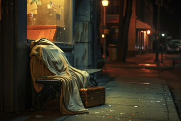A well-worn blanket draped over a bench at a dimly lit bus stop, with a small, battered suitcase resting beside it, suggesting the temporary shelter of someone who has nowhere else to turn at night. - obrazy, fototapety, plakaty