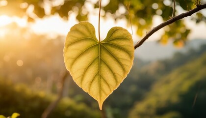 green leaf in the shape of heart hanging on branch love nature concept