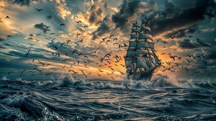 Old sailing ship in the sea with seagulls flying around