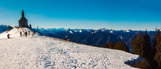 High resolution stitched alpine winter panorama with a chapel at Mount Wallberg, Rottach-Egern, Lake Tegernsee, Miesbach, Bavaria, Germany
