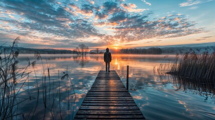 Man standing on a wooden jetty in a lake at sunrise. - obrazy, fototapety, plakaty