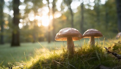 forest mushrooms on blurred green nature background