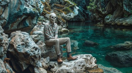 Halloween theme: a man in a skull costume sitting on a rock by the sea - Powered by Adobe