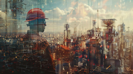 A man in a hard hat stands in front of a city skyline - obrazy, fototapety, plakaty