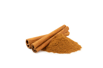 Cinnamon powder  isolated on white background. Spicy spice for baking, desserts and drinks. Fragrant ground cinnamon.