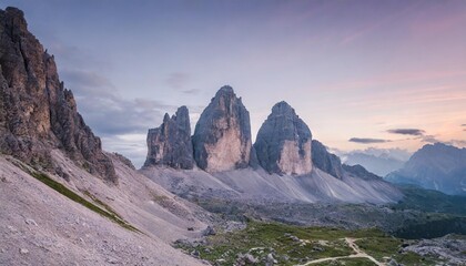 violet sunrise in tre cime di lavaredo national park fantastic morning view of dolomite alps auronzo location italy europe beauty of nature concept background - obrazy, fototapety, plakaty