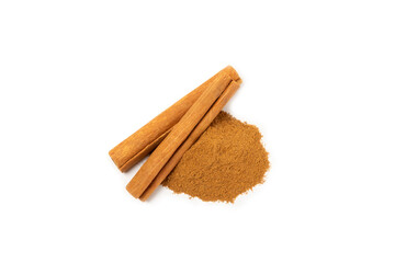 Cinnamon powder  isolated on white background. Spicy spice for baking, desserts and drinks. Fragrant ground cinnamon.