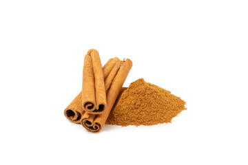 Cinnamon powder  isolated on white background. Spicy spice for baking, desserts and drinks. Fragrant ground cinnamon.