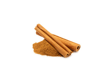 Cinnamon powder  isolated on white background. Spicy spice for baking, desserts and drinks. Fragrant ground cinnamon.
