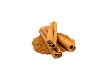 Cinnamon powder  isolated on white background. Spicy spice for baking, desserts and drinks. Fragrant ground cinnamon.