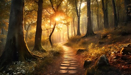 enchanted forest scene with magical lights and mystical pathway fantasy concept