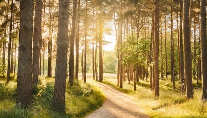 summertime scene of a pine woodland path through the park banner supporting the environment and ecology spring and summer seasons and a web banner of nature generative ai