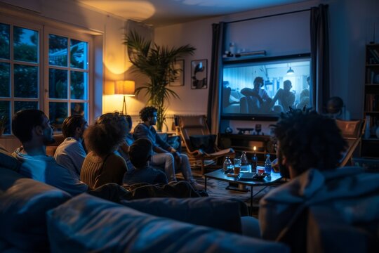 Movie Night Moments: A diverse group of friends and family gathers in a cozy living room, engrossed in a movie screening on a large screen.
