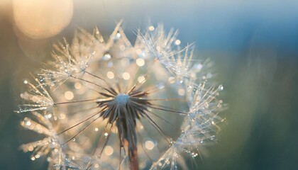 beautiful dew drops on a dandelion seed macro beautiful blue background large golden dew drops on a parachute dandelion soft dreamy tender artistic image form