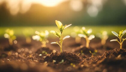 ai generated illustration of tiny green seedlings planted in the soil against a blurred background - obrazy, fototapety, plakaty