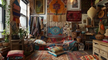 Naklejka premium A bohemian fashion designer studio room filled with exotic textiles, tapestries, and eclectic artwork, reflecting a free-spirited vibe