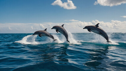 A pod of dolphins frolicking in the waves off the coast of a tropical island. - obrazy, fototapety, plakaty