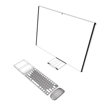 Monitor PC mockup. Wireframe thin frame monitor or PC with mouse and keyboard isolated on white background. Wireframe for web site, presentation. Vector monitor, keyboard, computer mouse. 3D.