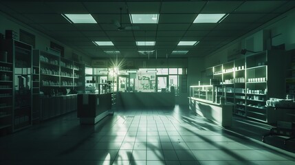 A cinematic interior of an empty modern pharmacy, with dramatic lighting casting long shadows across the sterile surfaces