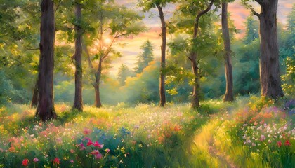draw a vibrant summer forest landscape with bright green trees and colorful flowers