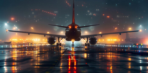 Large passenger plane on the runway at night