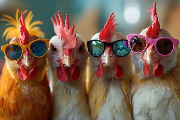 Group of four stylish chickens wearing colorful sunglasses against blurred background - Powered by Adobe