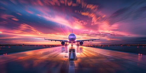 Passenger plane accelerating down the runway at sunset, under a vibrant sky - obrazy, fototapety, plakaty